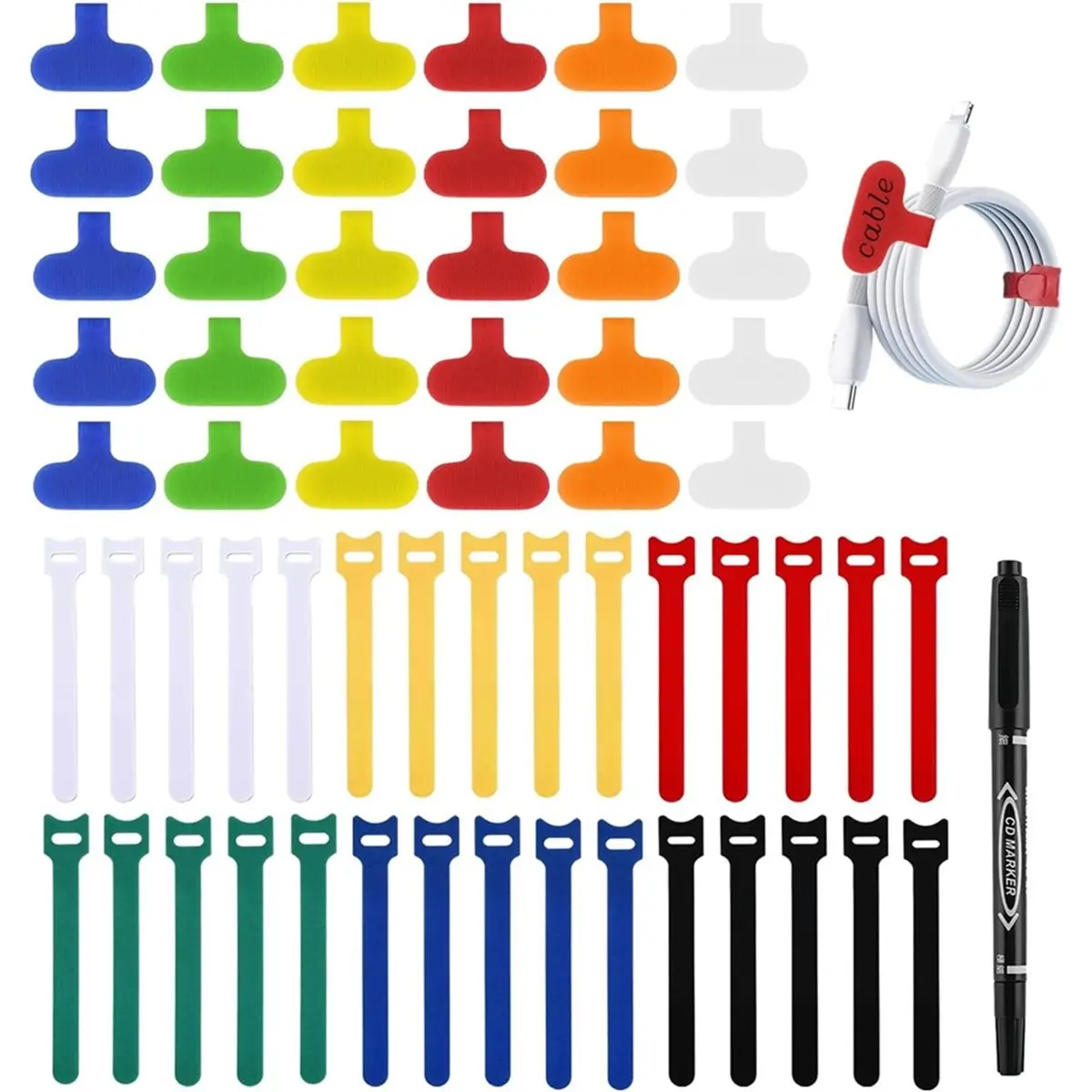 Budget-Friendly-60Pack Reusable Cable Labels & Cord Organizer Kit-Color-Coded Write-on Wire Labels with Marker + 30 Ties for Hom