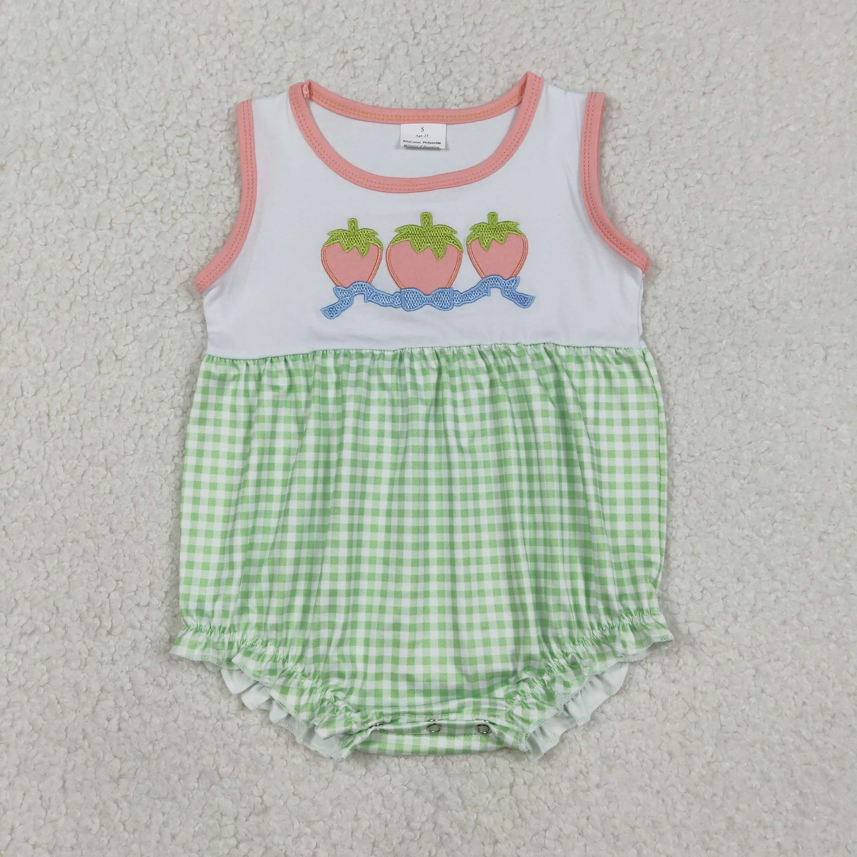 

NEW RTS Embroidery Bows Strawberry Baby Girls Green Checked Ruffle Rompers
