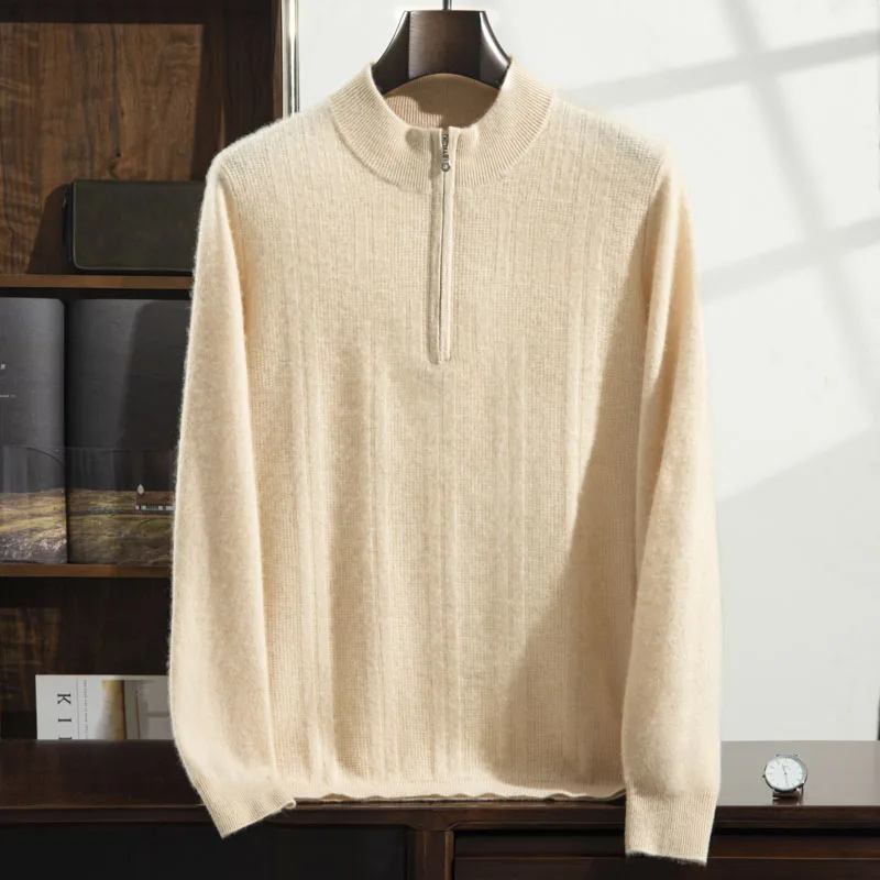 

Men's 100% Pure Cashmere Pullover Autumn/Winter Business Casual Knitted Sweater Thick Warm Zipper Polo Collar Loose Fit Tops