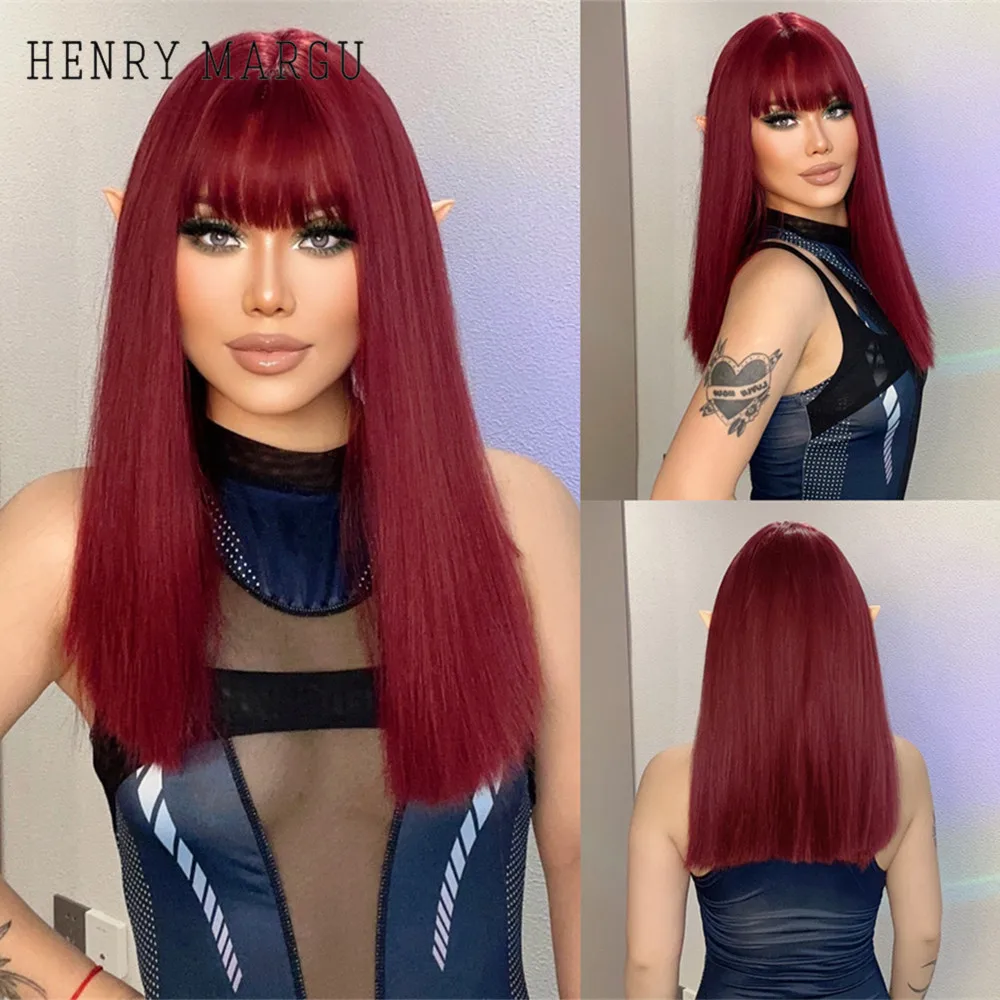 HENRY MARGU Red Straight Synthetic Wigs with Bangs Medium Length Red Cosplay Wig High Temperature Women Wig Colorful Fake Hair