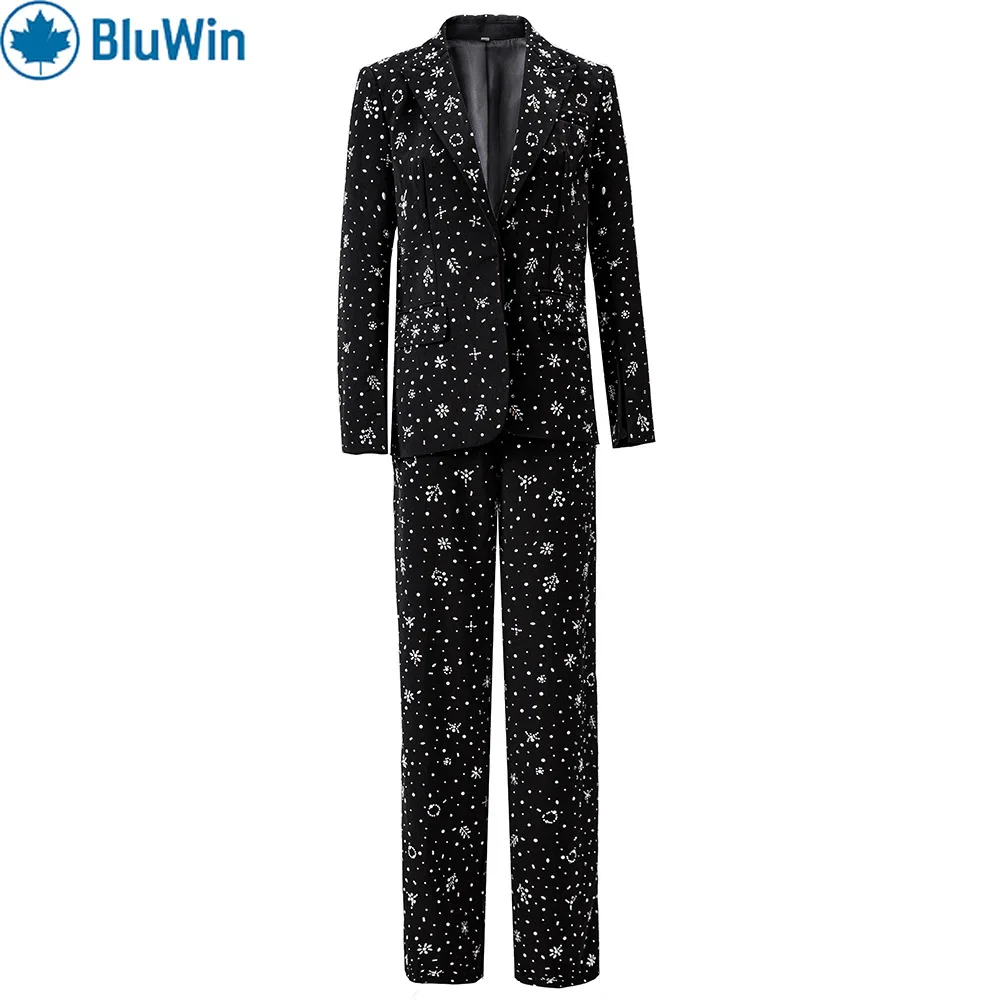 

BluWin Crystal Star Embellished Blazer Pants Set Women Black Tux Two Piece Suit Sparkly Rhinestone Formal Evening Outfit