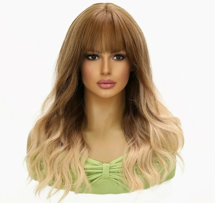 

Wig Hair Blend Brown Blonde Ombre Balayage Layers Bangs Natural Heat