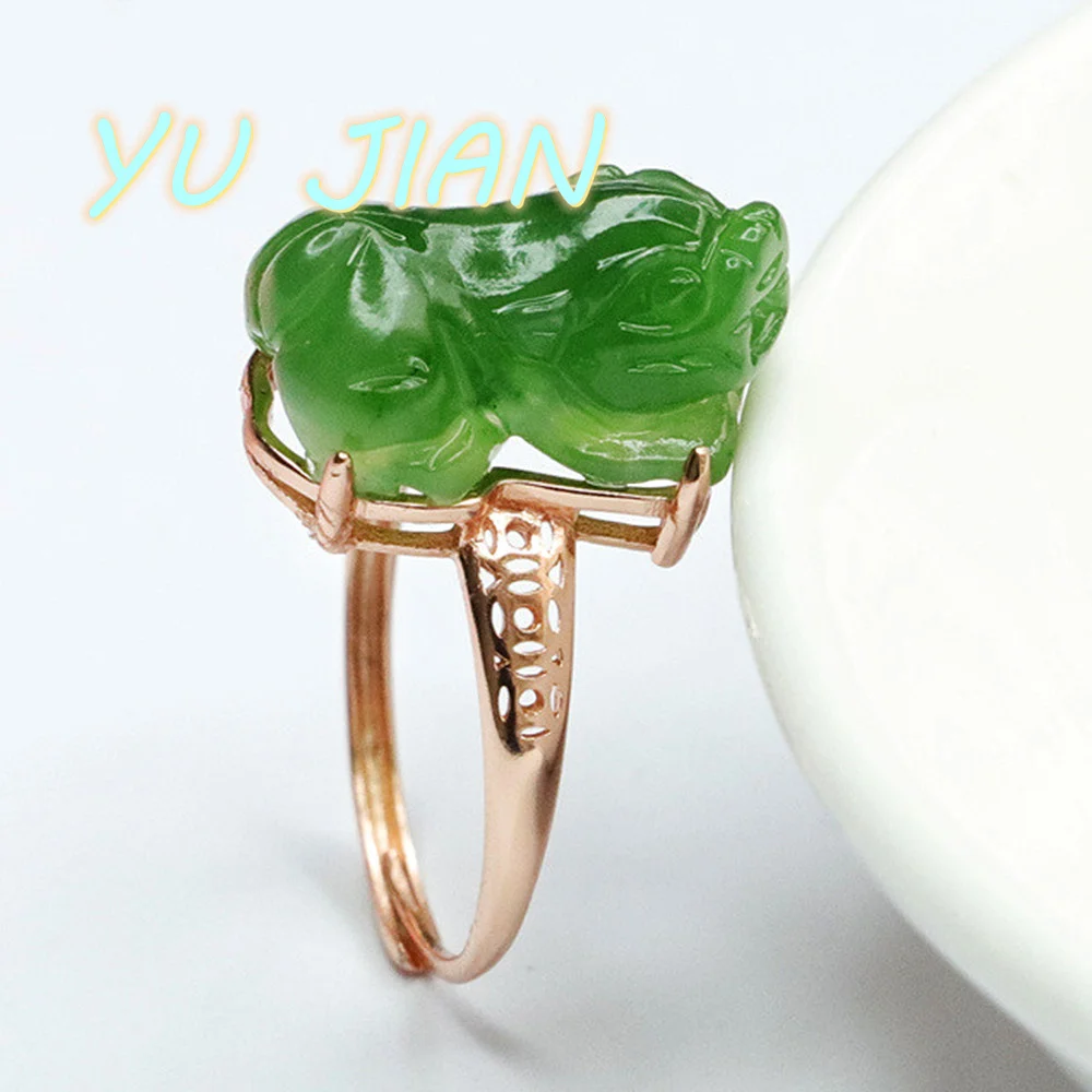 

S925 Silver Inlaid Hand-hewelry Natural Hetian Jade Jasper Pixiu Ring Rose Gold Jadeite Handring Top Quality Fine Jewelry