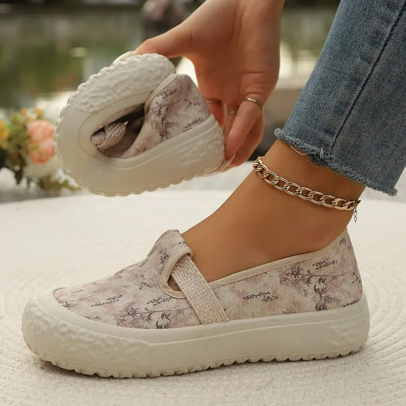 2024 Spring Autumn Solid Color Elegant Shallow Mouth Breathable Canvas Flat Shoes New Round Toe Comfortable Casual Women's Shoes