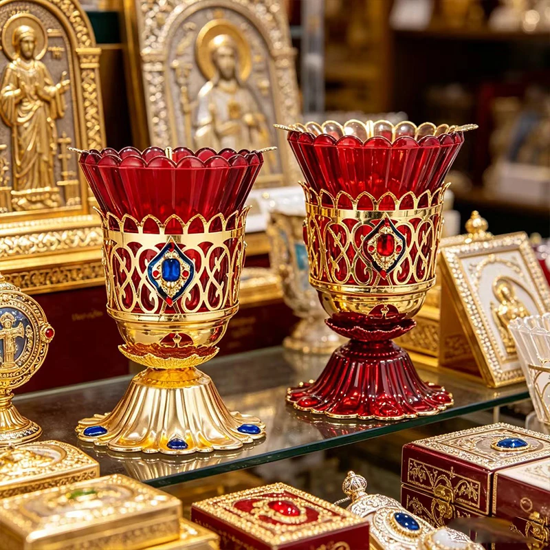 Orthodoxe Vigillampe aus Rotem Glas mit Goldmetall-Kerzenhalter, Verzierte Byzantinische Lampe für Heimaltar, Kirchendekoration, Religiöses Geschenk – Detail 3