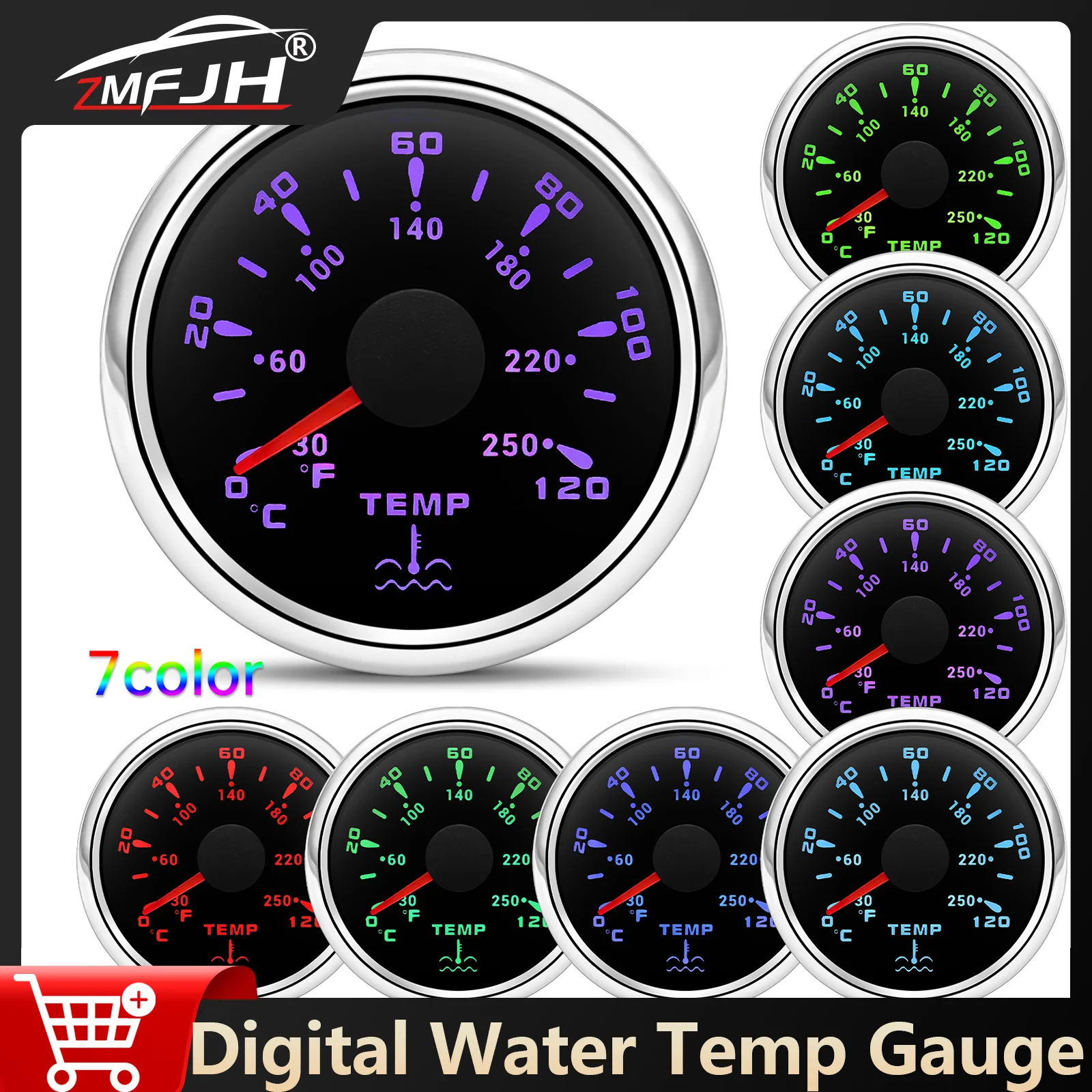 

7 Color Backlight Water Temp Gauge 52mm 0-120 ℃ Water Temperature Meter 10mm Water Temp Sensor For Marine Boat Car 12V 24V