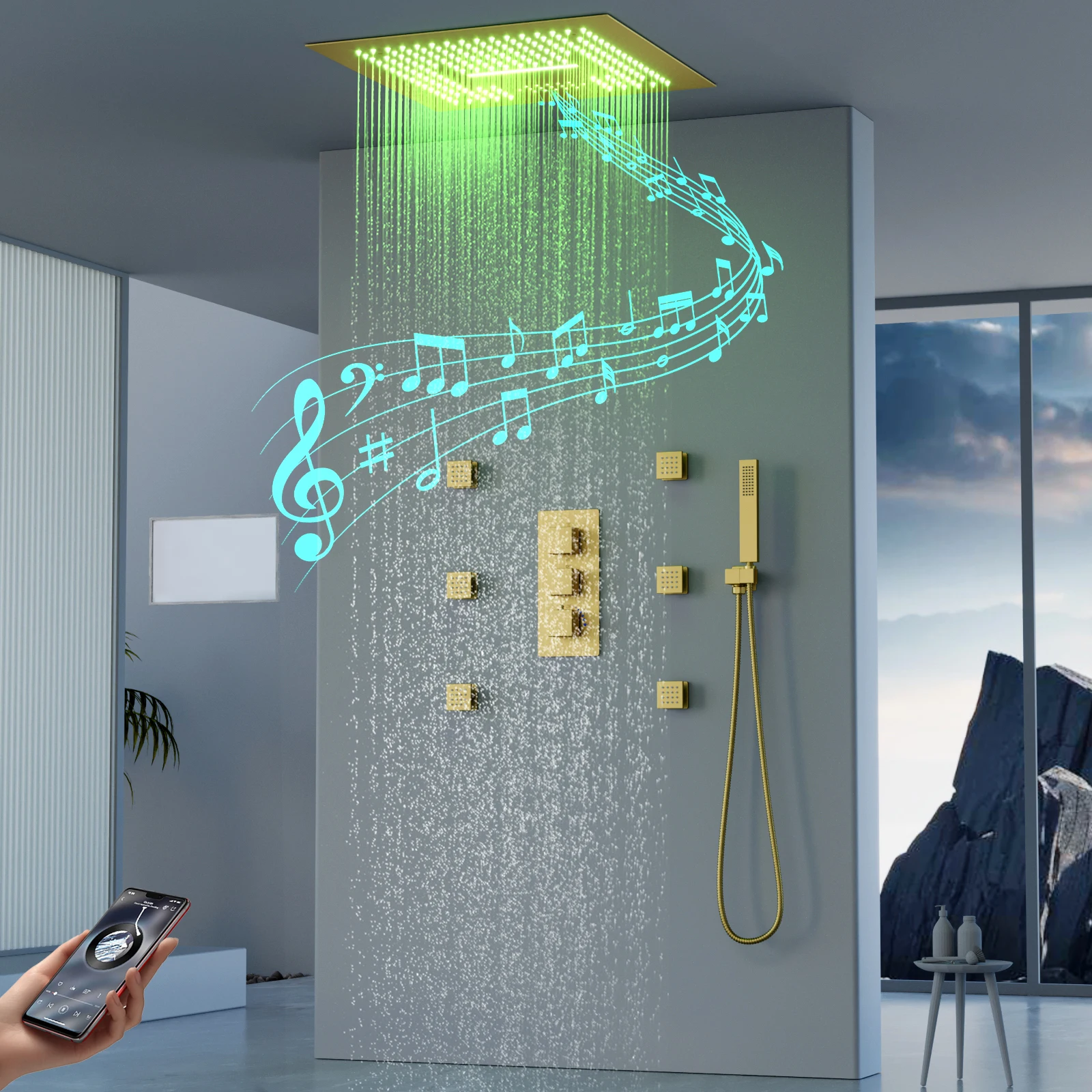

Bathroom Luxurious Gold 16inch Shower System Smart Concealed Thermostatic Bathroom Faucet Music Showers Experience