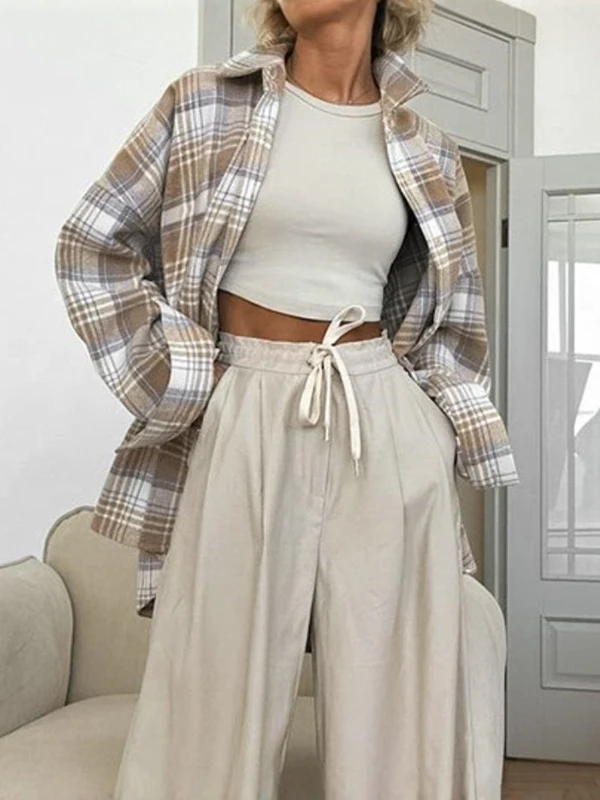 Faionable Oversize Plaid Long Sve irt Women's Vintage Sle Loose Fit Ladies' Blouse Casual Cheered Top