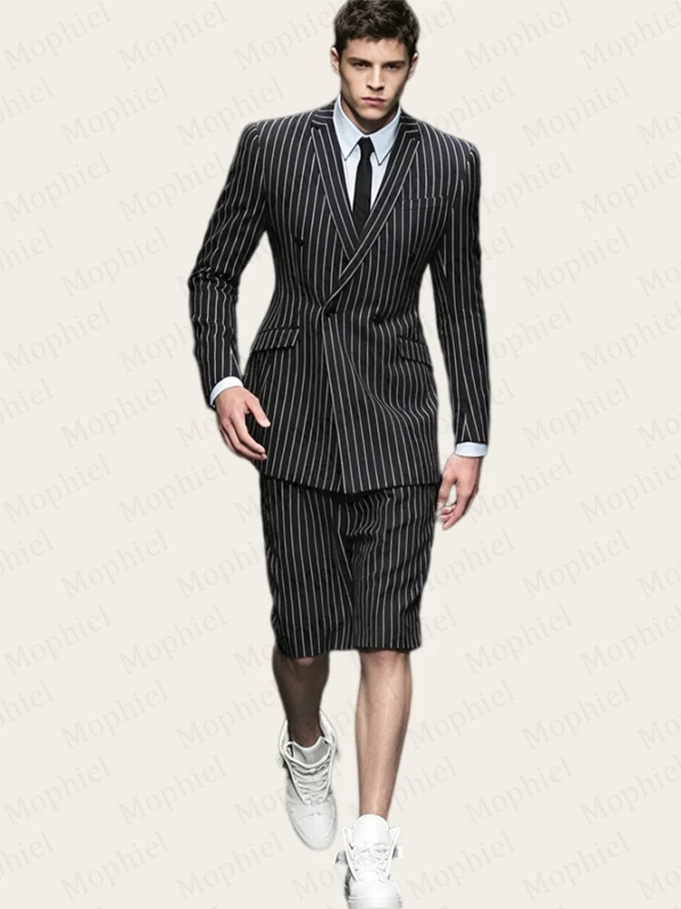 Mophiel Black Pinstripe Men's Suits with Shorts Formal 2Pcs Double Breasted Notched Lapel Blazer Office Business Customized