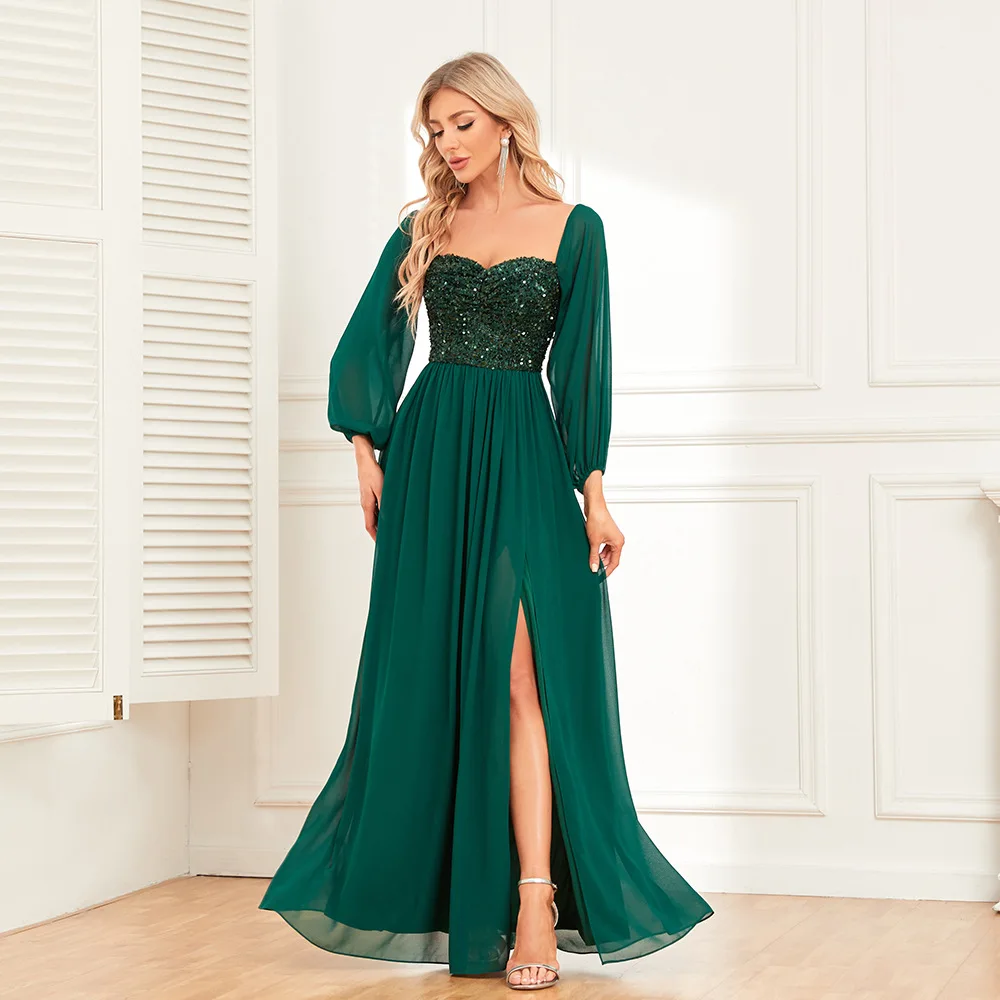 Elegant Multi-Wear One-Shoulder High Split Tie-Up Dress Fully Lined Sequin Patchwork Chiffon Long Sleeve Evening Gown9
