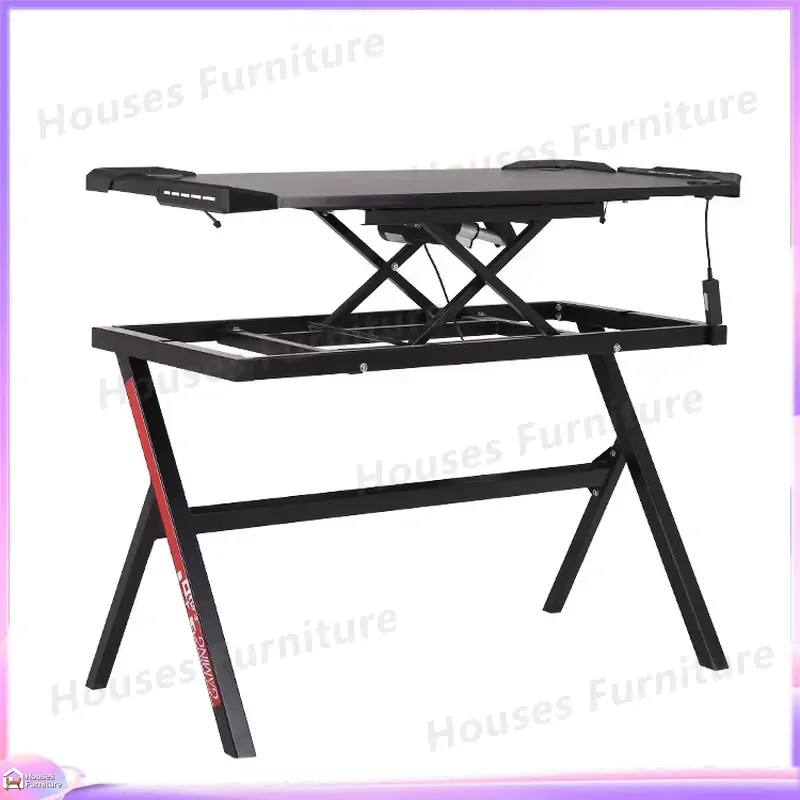 Sturdy Steel Gaming Desk with RGB LED Lights Adjustable Height Ergonomic Computer Table for Gamers Esports Racing Setup Home