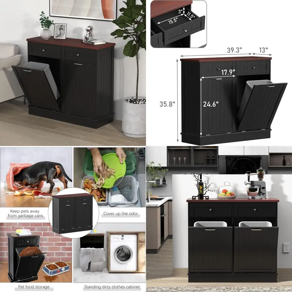 

10 Gallon Wooden Freestanding Laundry Sorter Cabinet with Tilt-Out Trash and Recycling Bin, Hideaway Drawer Feature