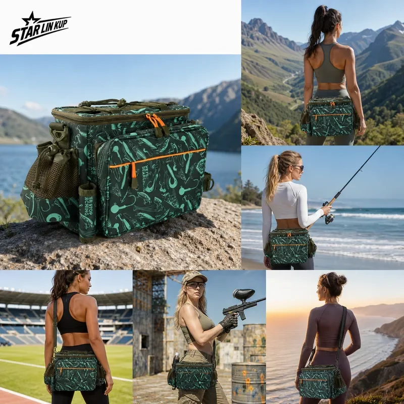 STAR LIN KUP Multifunctional Fishing Tackle Bag 1000D Nylon Waterproof Large Capacity Outdoor Sport Shoulder Bag 44x21x22cm
