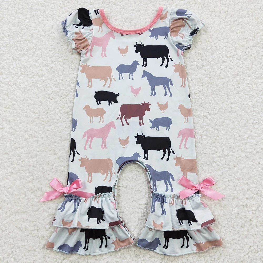 Wholesale Newborn Farm Animals Baby Girl Romper Short Sleeves Cow Chicken  Jumpsuit Kid Toddler One-piece Ruffle Pants Clothes