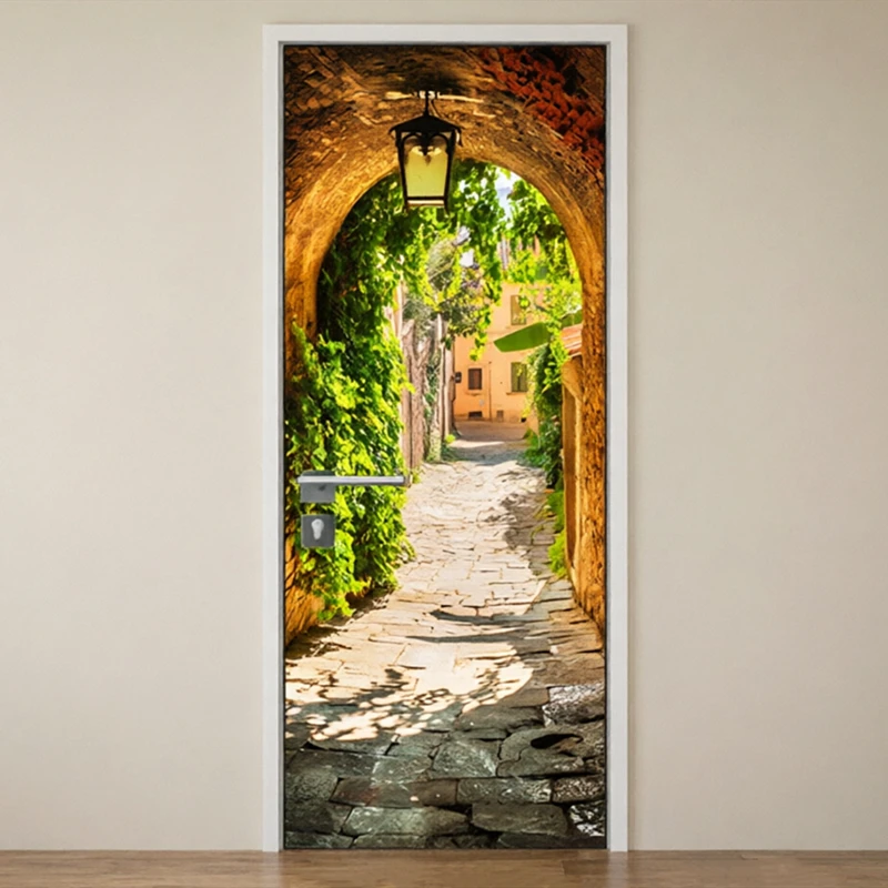 Tuscan Archway Stone Slab Alley View Door Stickers for Aesthetic Room Vintage Home Decoration Removable Vinyl 3D Walls Art Mural
