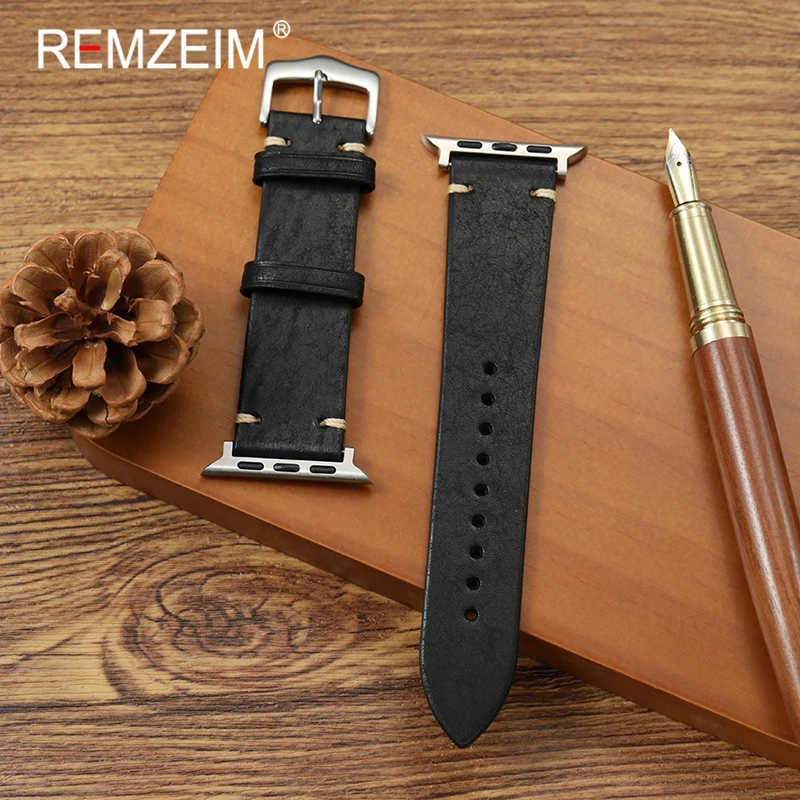 حزام ساعة من جلد البقر باللون الأسود والأزرق لساعة أبل 38/40/41/42/44/45/46/49 ملم لساعة Iwatch Ultra 2 1-10 SE الذكية