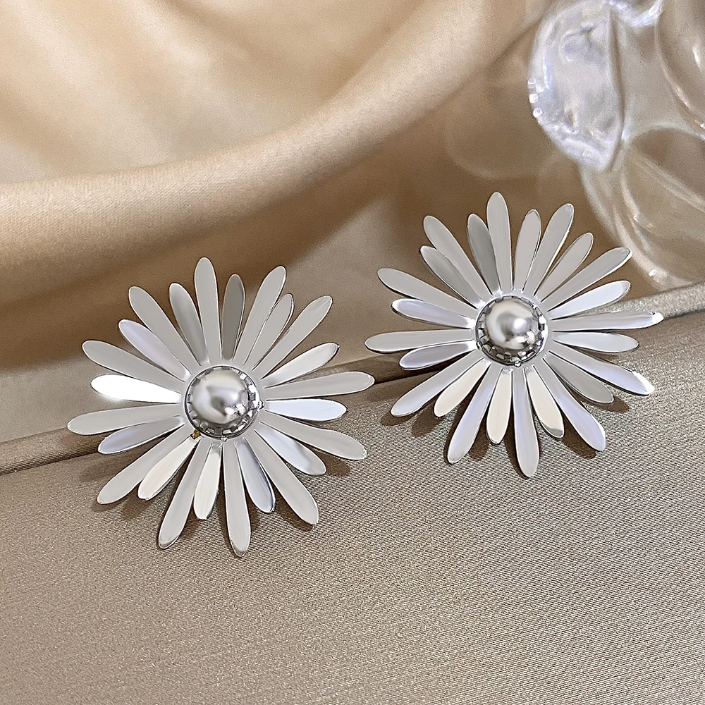 Flashbuy Trendy Daisy Stainless Steel Stud Earrings For Women New Statement Earrings INS Jewelry