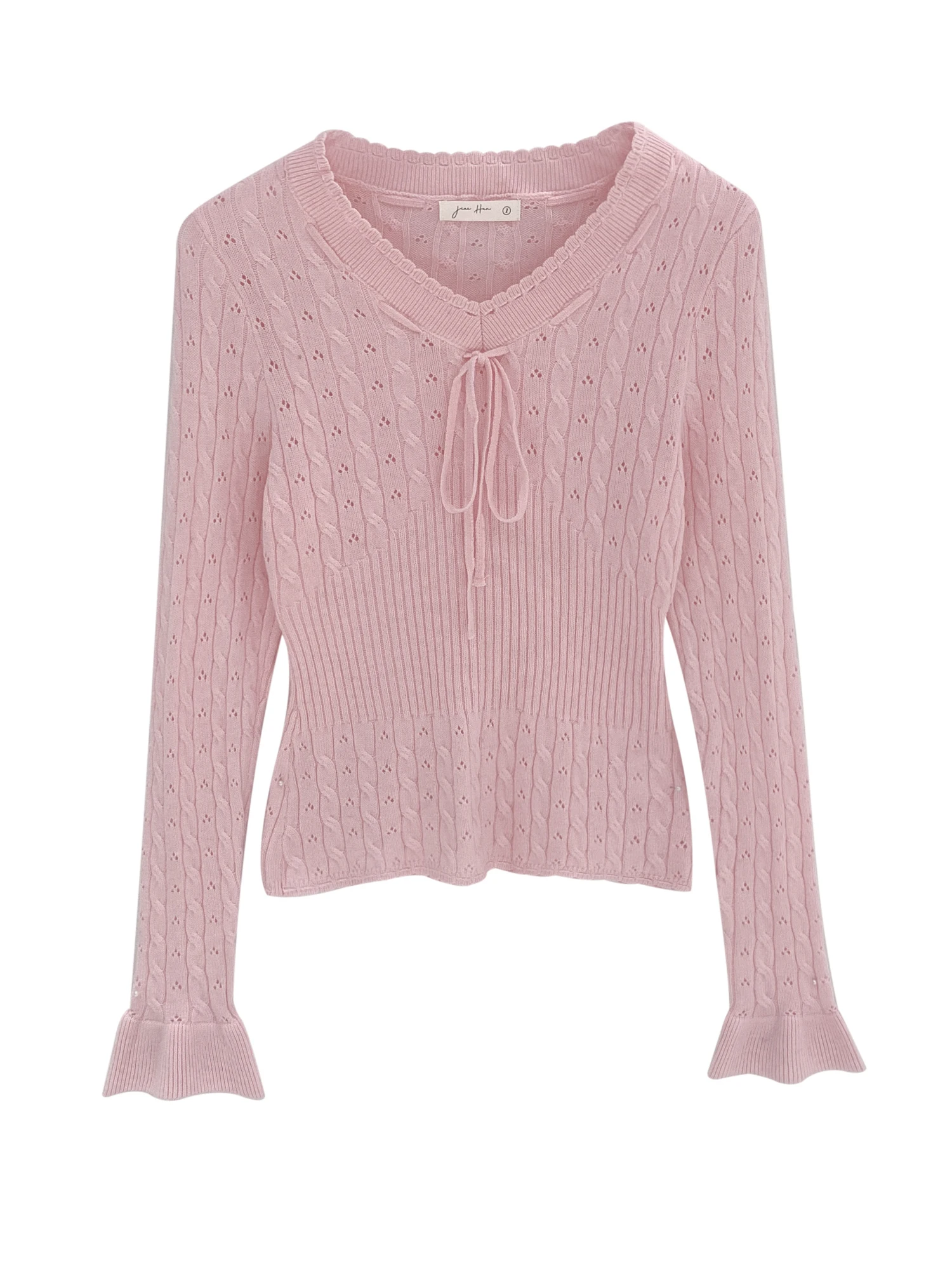 Early Spring Pink Hollow out Knitted Wool Base Layer Top Women's Single Wear Bell Sleeve Sweater Design Sense Beautiful view 5
