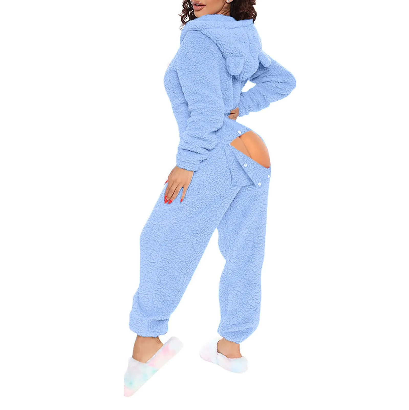 Dames Kunstmatige Wollen Lange Mouwen Pyjama Casual Effen Kleur Rits Losse Capuchon Jumpsuit Pyjama Casual Winter Warm Rompe