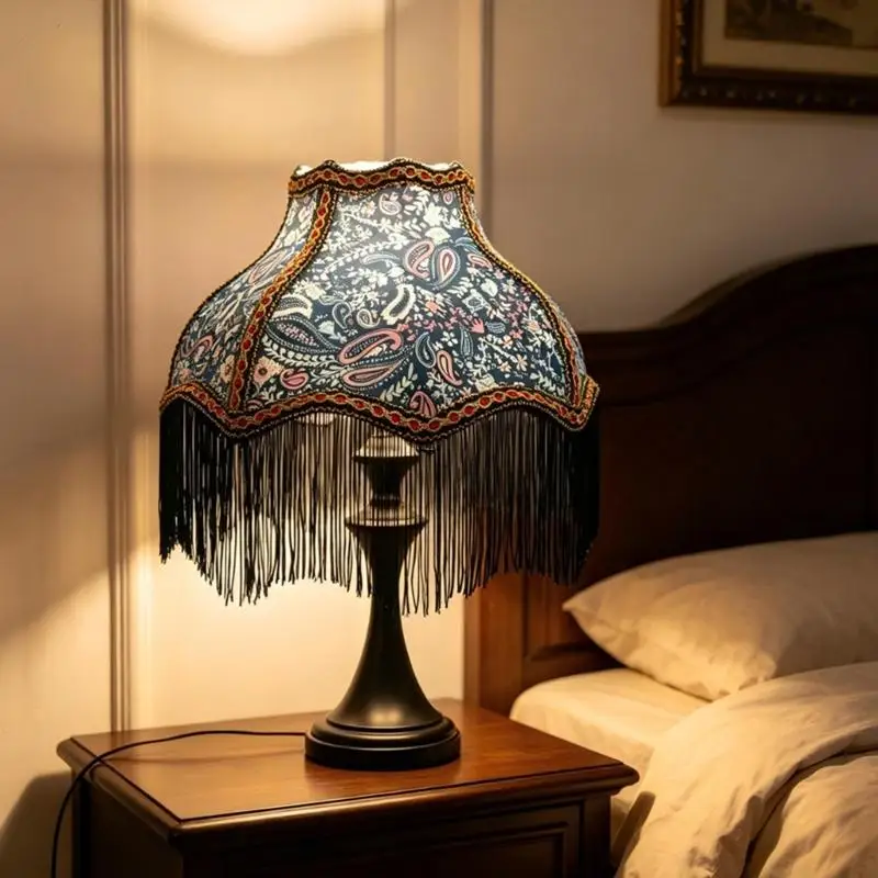 Curved Printed Lamp Shade with Silk Fabric, Multicolor Pattern Detail, and Long Black Fringe for Wall-Mounted Lighting D2RD