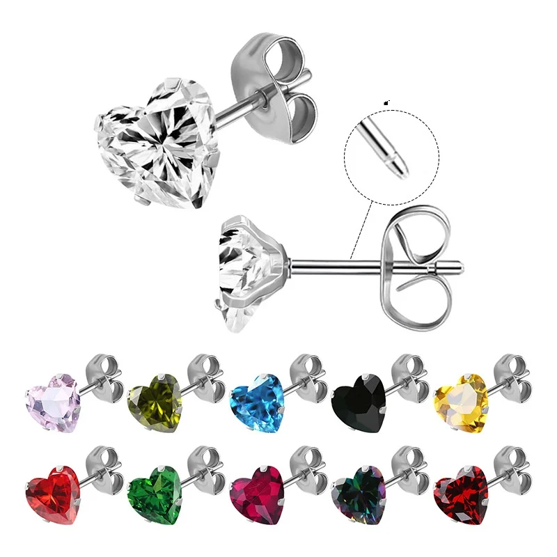 17 Colors Love Heart Zircon Stainless Steel Earrings Hypoallergenic Minimalist Studs Luxe Jewelry For Women Needle 0.8*11mm 001