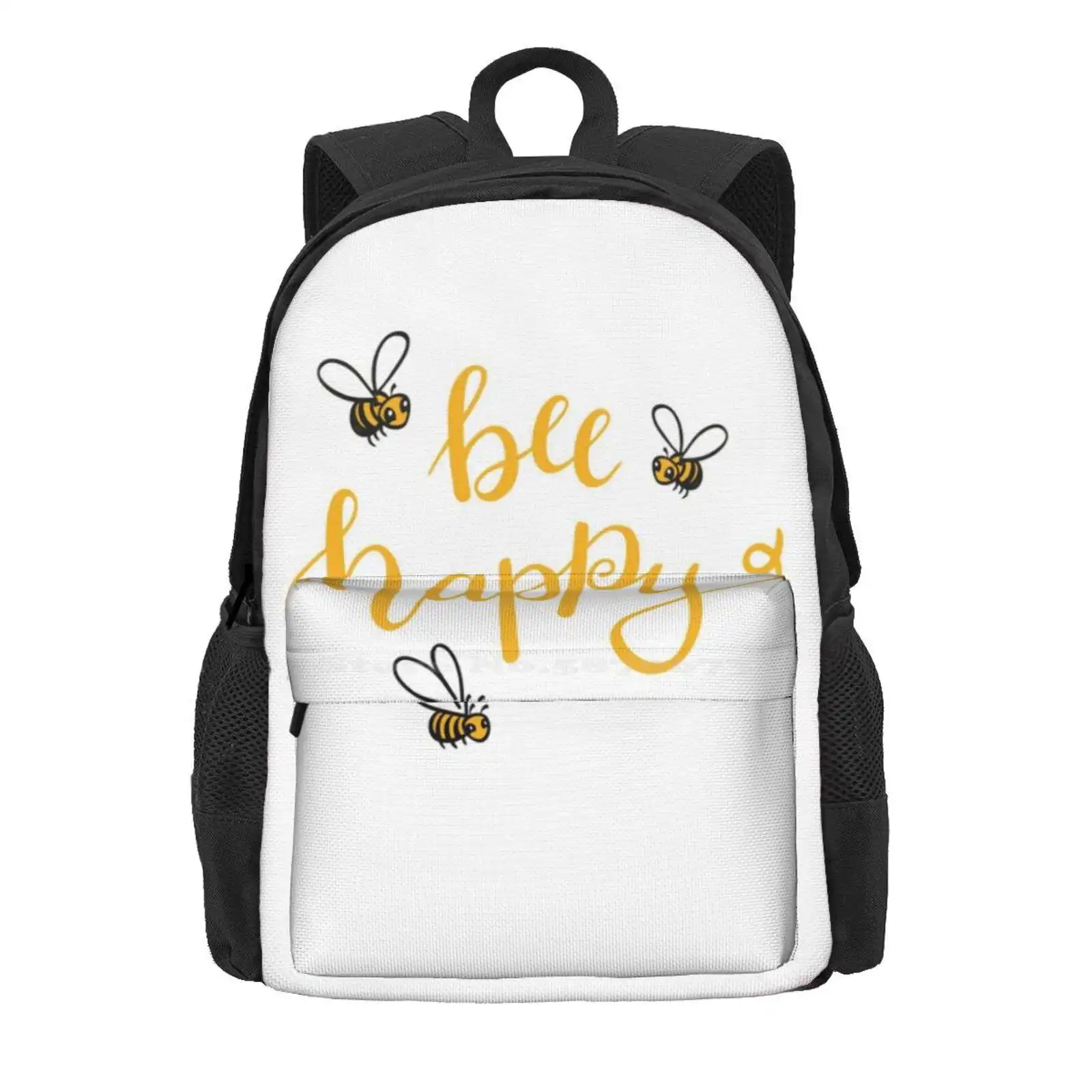 Bee Happy Hot Sale Schoolbag Backpack Fashion Bags Cheerfully Yellow Honey Lettering Be Happy Makes You Happy For Beekeepers