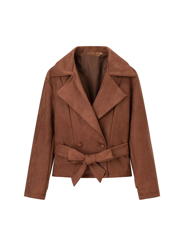 

New European and American style women's fashion temperament slim suit collar belt faux suede double-breasted trench coat