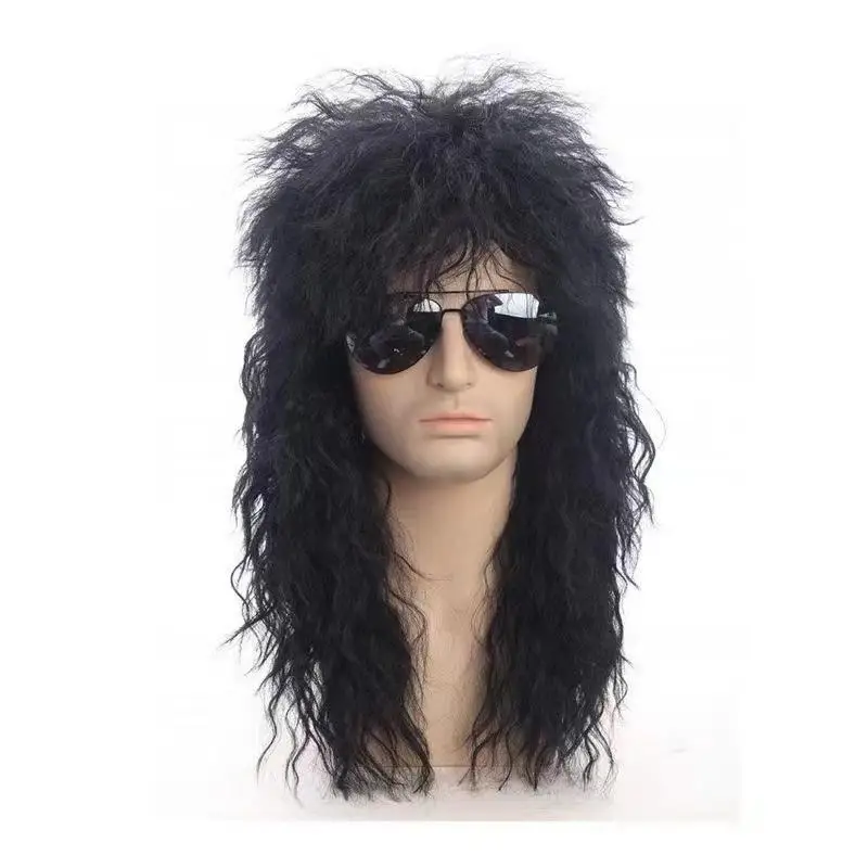 1ピース マレットウィッグ ロングカーリーヘアウィッグ キスウィッグ 80年代 ロッカー風 合成ウィッグ メンズ ハロウィン コスプレ DIYテーマ コスチュームパーティー