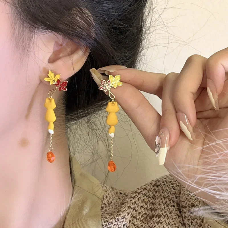 S925 Needle Personalized Original Autumn Red Maple Leaf and Little Fox Earrings Cute Long Fox Drop Earrings for Women Gifts