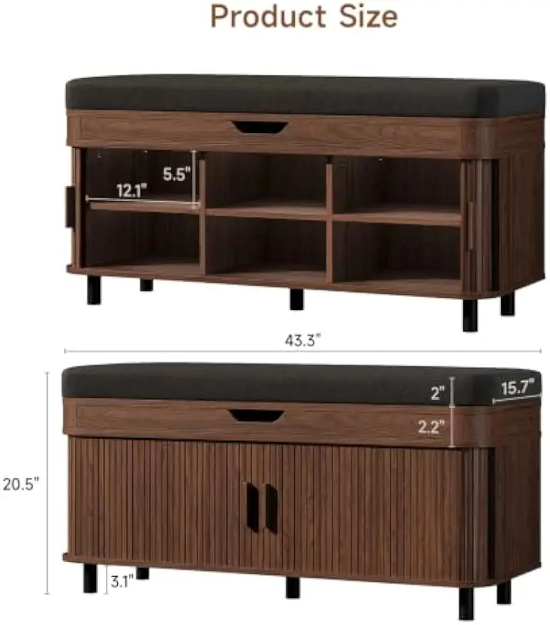 Shoe Storage Bench With Lift Top, Entryway Footwear Organizer Rack, Wooden Seating Furniture Display Holder With Padded Cushion For Hallway Living Room, Mid Century Modern Style, Walnut, One Piece