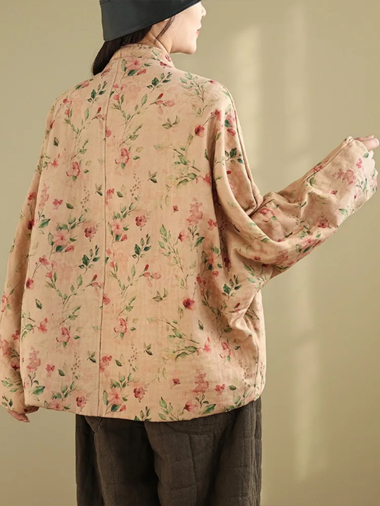 Retro Cotton Linen Floral Button Printed Lightweight V-Neck Jacket Women's Winter Coat Casual Commute Style Thickened Long Sl...