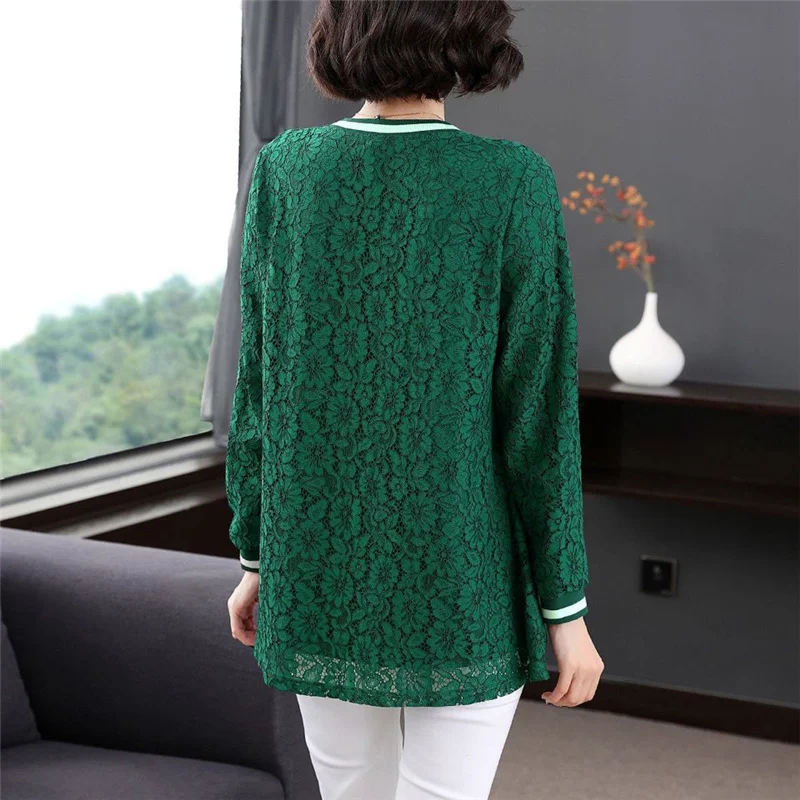 Korean Fashion Elegant Lace Tunic Ladies Tops Round Neck Long Sleeve Solid Loose T Shirt for Women\'s Clothing 2023 Spring Autumn
