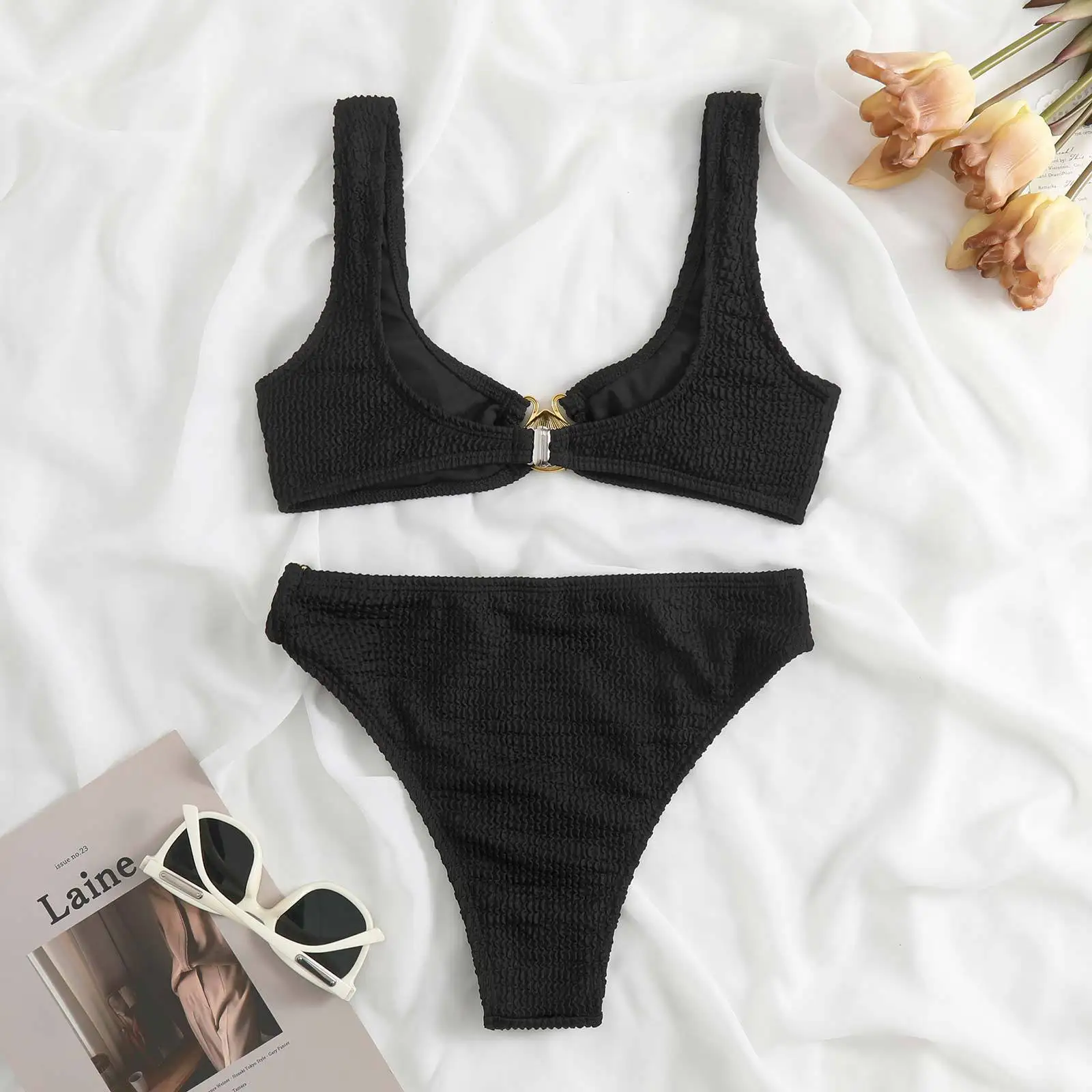 Strapless Bandeau Bikini Set Women Swimwear 2023 New Beach Bathing Suit Ribbed Push Up Bikinis Swimsuit Two Piece