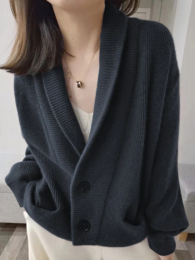 

New Chic Women 100% Merino Wool Sweater V-neck Cardigan Casual Simple Loose Wool Knitwear Coat Autumn Winter Thick Warm Clothing