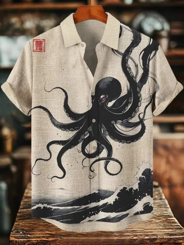

Men's Shirts Vintage Retro Black Octopus Waves Japanese Art Print Casual Shirt Holiday Lapel Collar Short Sleeve Beach Chic Tops