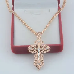 FJ Women New Men Big White Cubic Zircon Cross Pendant 585 Rose Gold Color Chains