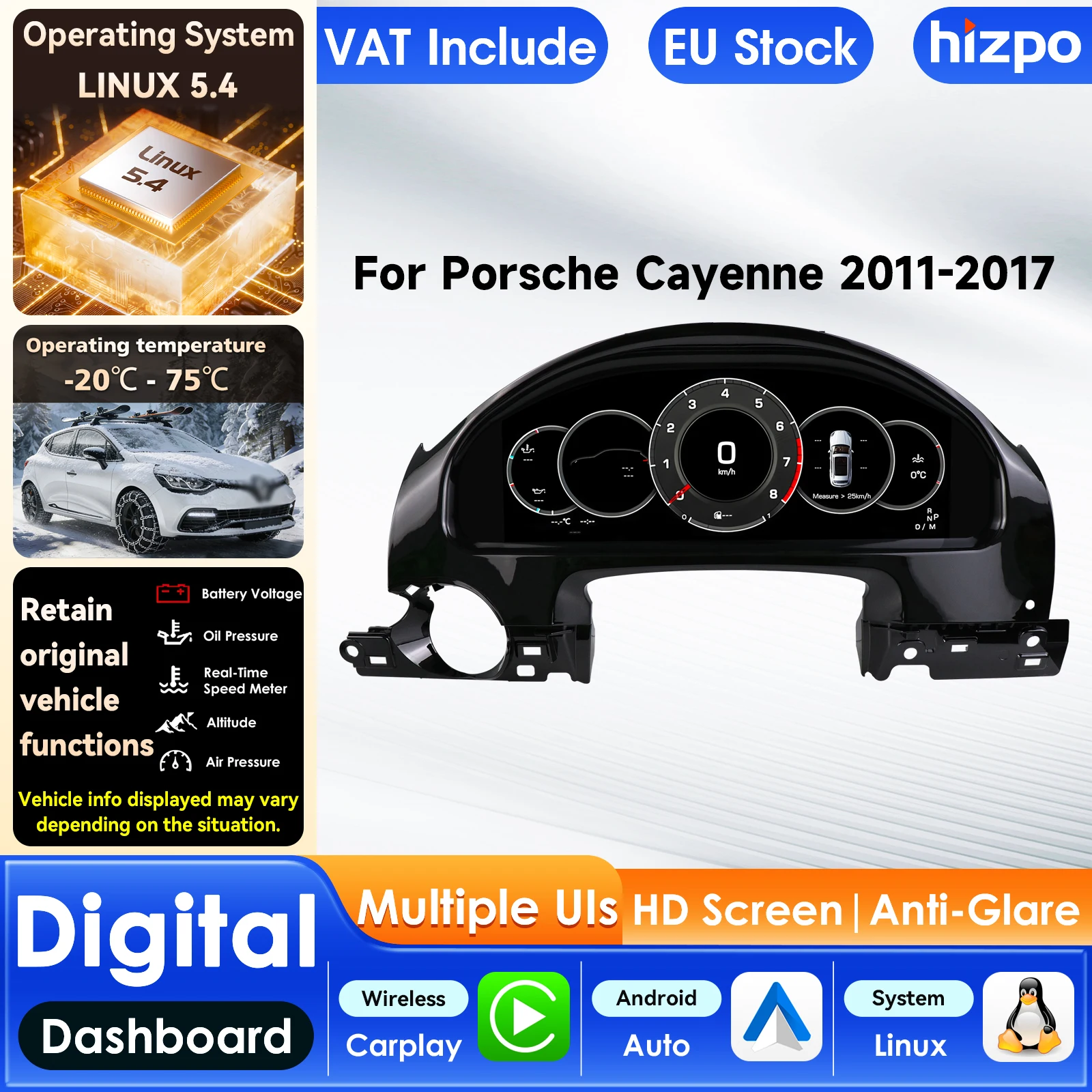 Hizpo 12,3 Zoll Linux-System Digitales Instrumentencluster für Porsche Cayenne 2011-2017 Auto LCD-Armaturenbrett Tachometer-Panel