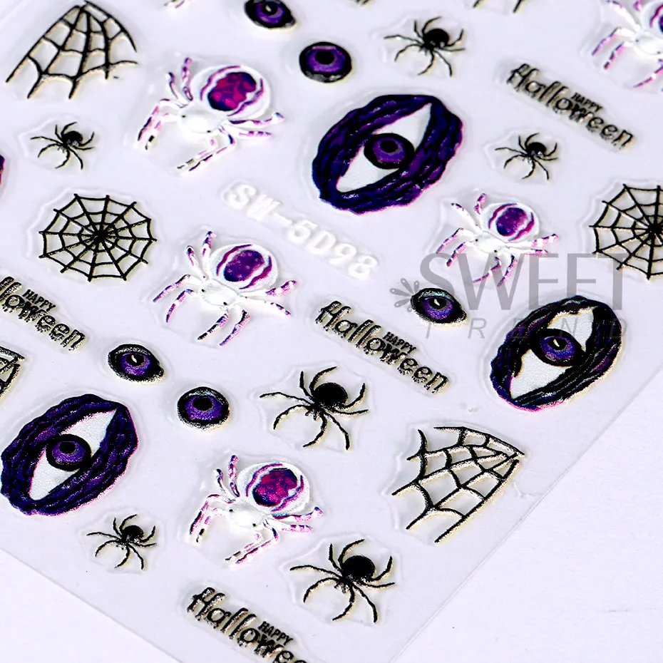 5D acrilico Nail Sticker Halloween Ghost Skull Blood Drips Lip Design Decal Spider Witch Pumpkin Nail Art decorazione Manicure fai da te