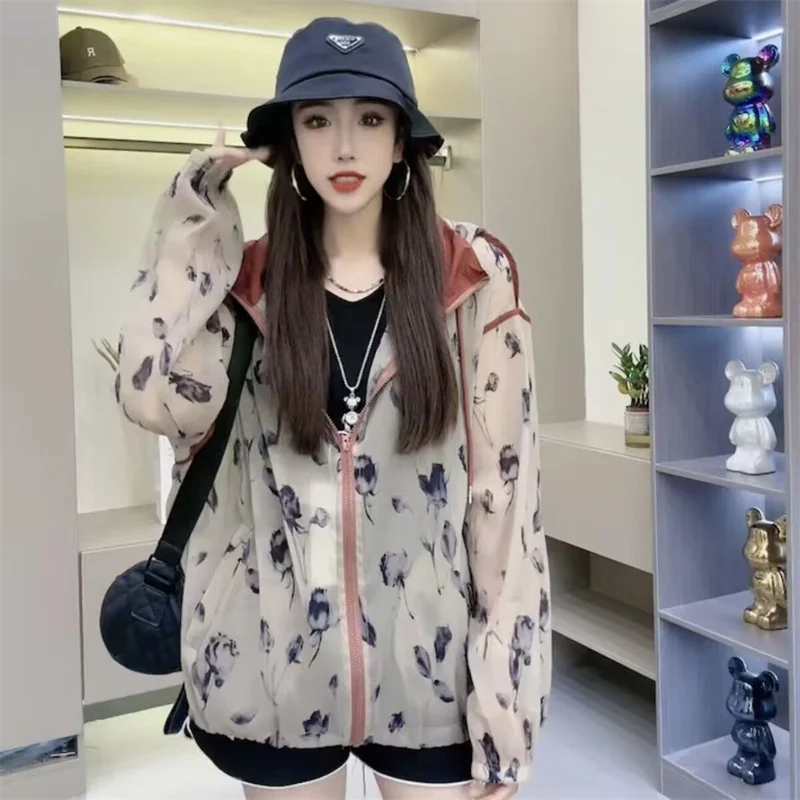 Summer Casual Hooded Sun Protection Clothes For Women's Korean Loose Fitting Floral Ice Silk Cardigan Fashion Top Jacket Thin