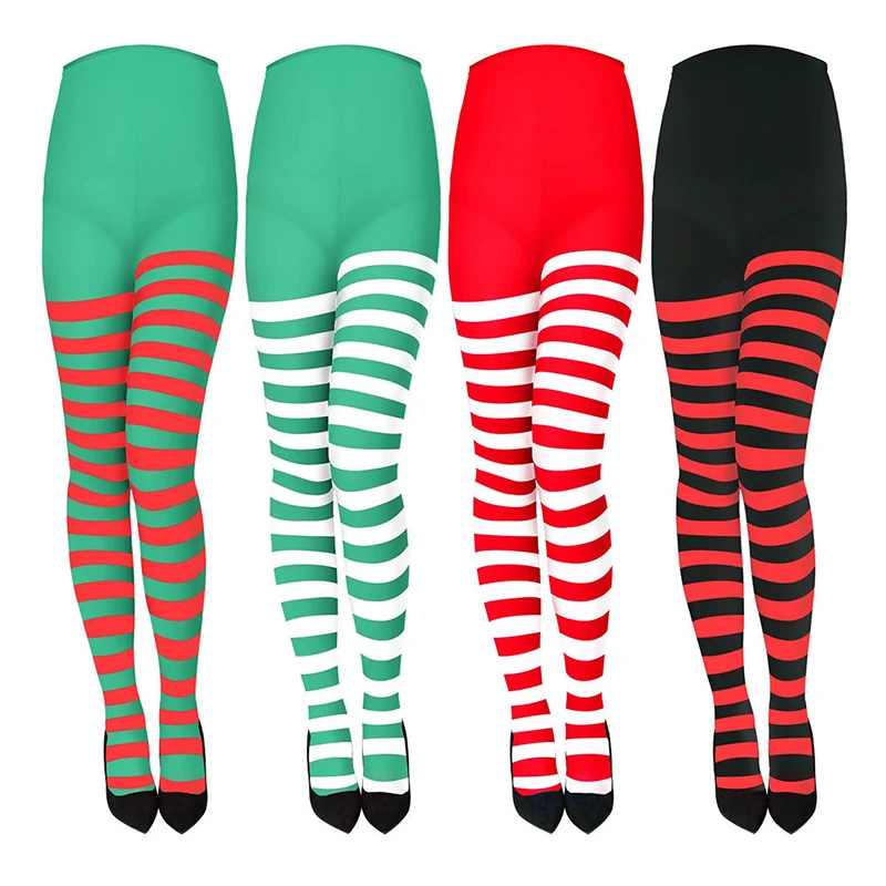 Women Christmas Striped Tights Full Length Tights Thigh High Stocking For Christmas Decoration Cosplay Party Makeup Prom Costume