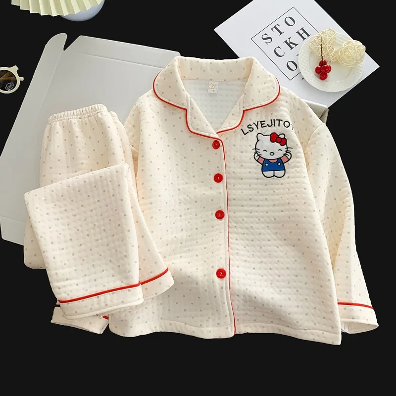 

2026 New Pajamas Sanrio Autumn and Winter Air Cotton Set Cake KT Cat Cardigan Home Clothes Checkered Small New