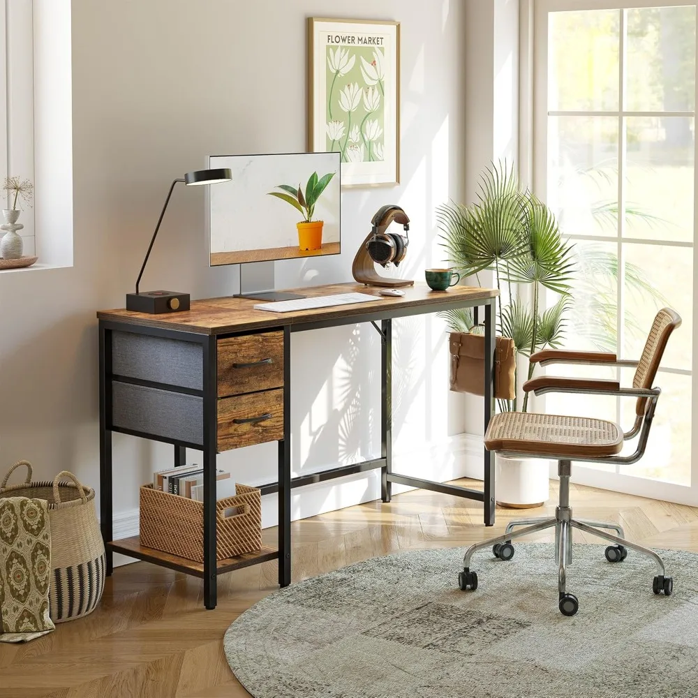 Computer Desk with 2 Drawers, 47 Inch Small Home Office Desk Study Writing Table, Rustic Brown, Computers Desks