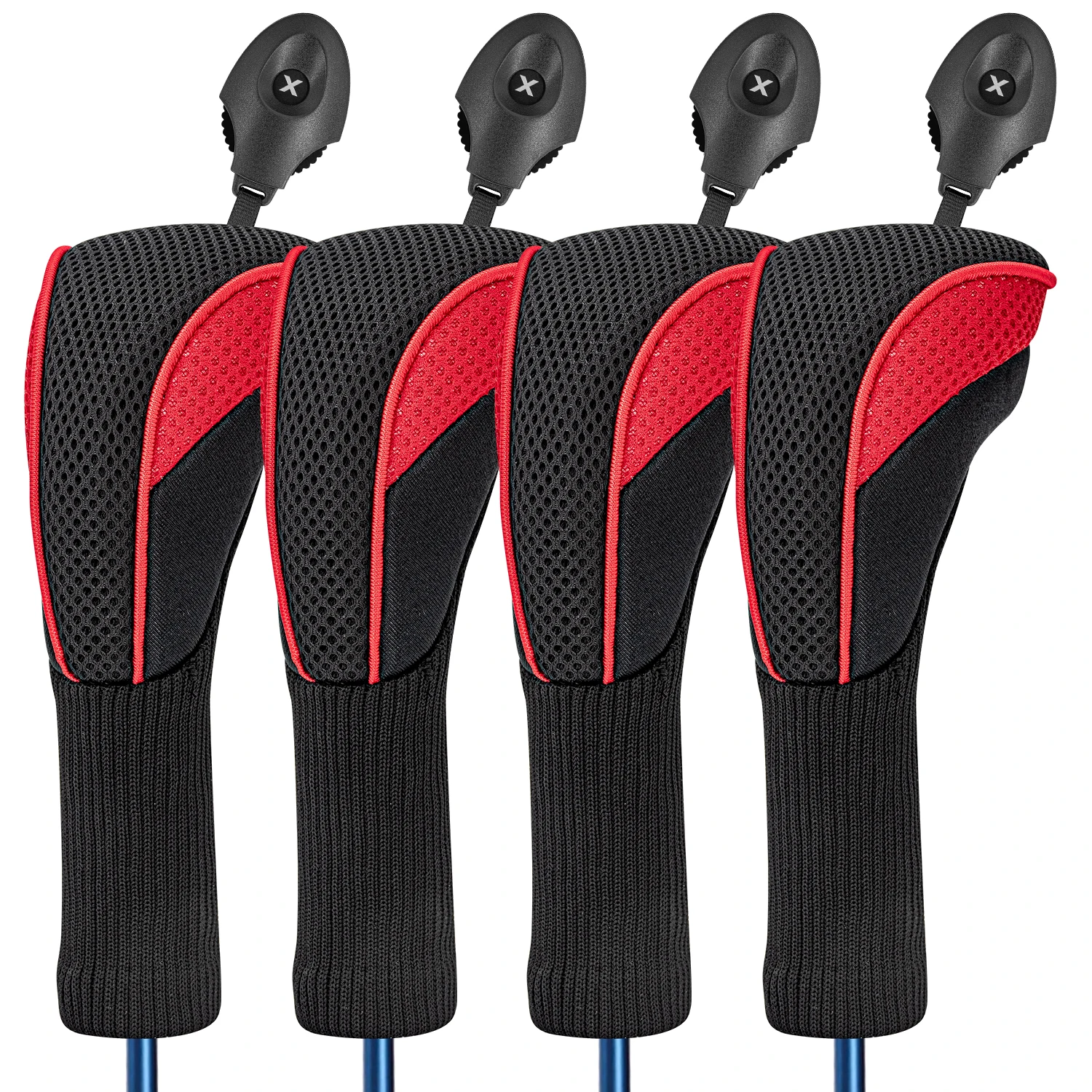1PC/4PCS Hybrid Golf Headcover, Mesh Spliced Black Red Club Protector with Rotatable Number Tag, Fits Golf Clubs
