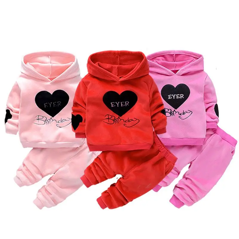 2026 Winter Warm Baby Girls Clothing Set Love Letters Double-Sided Plus Velvet Suit For Kids Toddler Children Clothes 1-4 Years