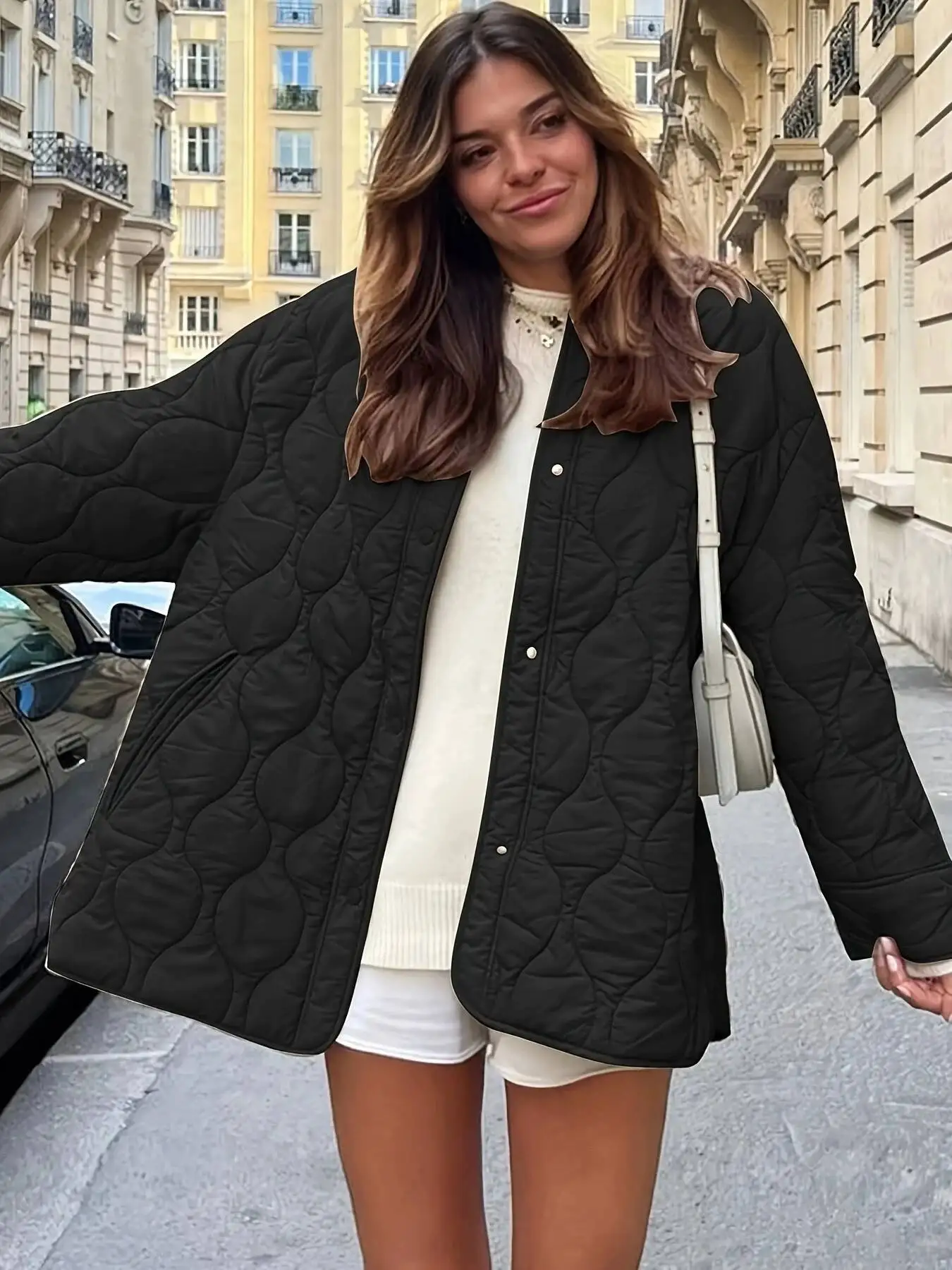 2026 New Quilted Line Simple Solid O-Neck Loose Autumn Winter Coat Fashion Women Casual Cotton Jacket