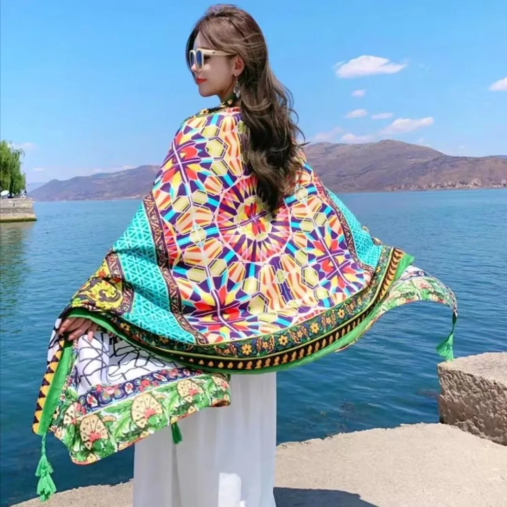 

90x180cm Beach Sunscreen Scarve Bohemian Flower Bathing Cover-ups Bikini Large Shawl Breathable Luxury Sarong Wrap Scarf Summer