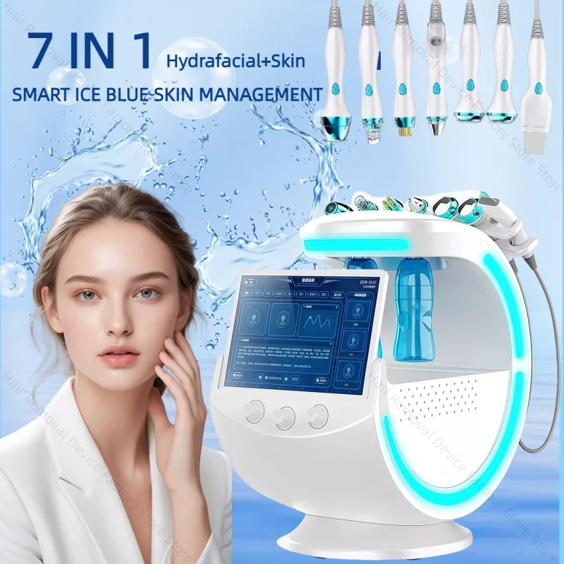 New 7 In 1 Smart Facial Cleansing Skin Analyze Deep Pore Vacuum Hydra Lift Anti-aging Beauty Machine Ice Blue