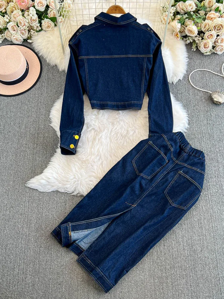 2024 fashion design sense single row gold buckle casual versatile trendy long sleeved denim jacket+high waisted skirt set