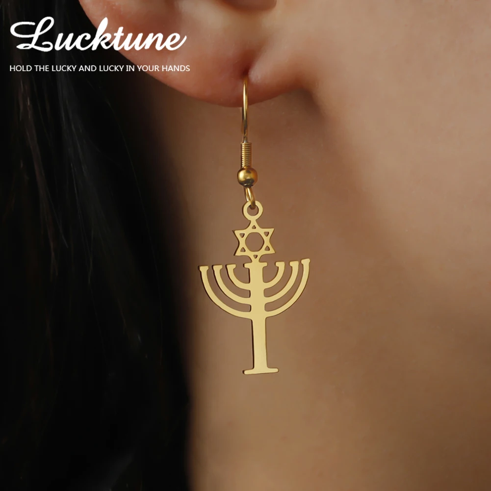 Lucktune Judaism Menorah Drop Earrings Stainless Steel Star Lampstand Sacred Amulet Earrings for Women 2025 Vintage Jewelry Gift