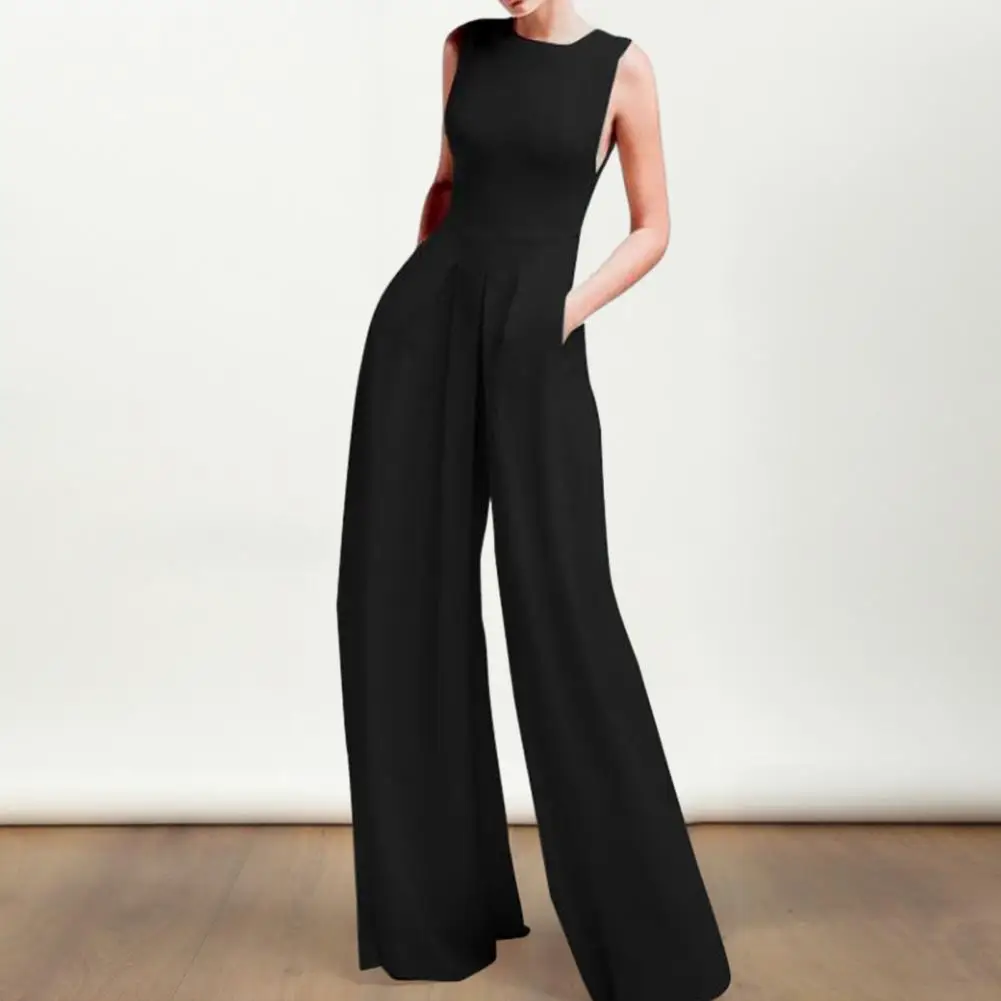 

Wide-leg Hem Jumpsuit Elegant Wide Leg Jumpsuit with High Waist Pockets for Women Formal Ol Commute Style Summer Outfit Women